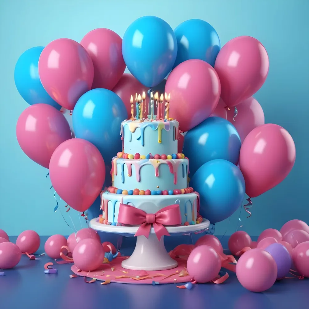 A Birthday Cake With Blue Ribbon And Balloons In A Blue Background 15 3c6c