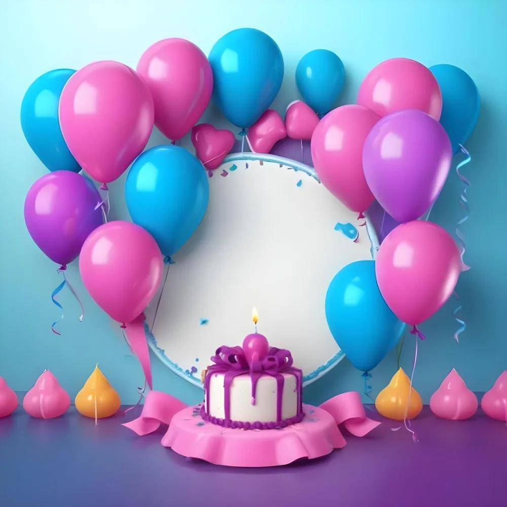 A Birthday Cake With Blue Ribbon And Balloons In A Blue Background 18 01b4