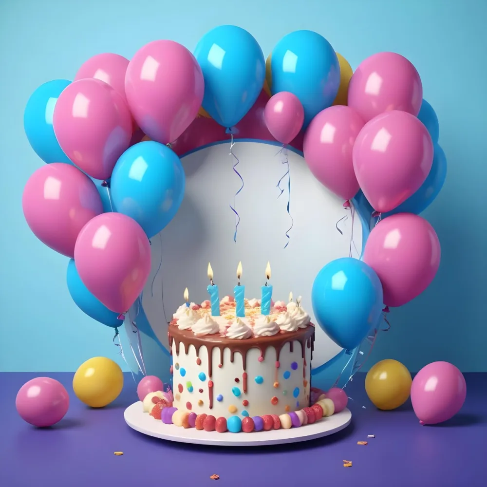 A Birthday Cake With Blue Ribbon And Balloons In A Blue Background 19 3c8a