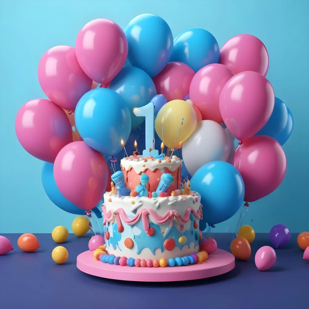 A Birthday Cake With Blue Ribbon And Balloons In A Blue Background 2 D99d