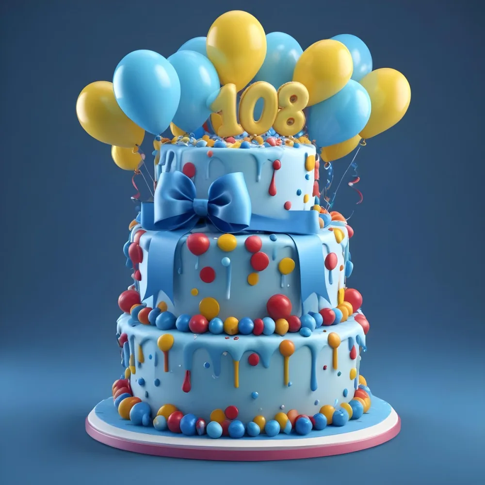 A Birthday Cake With Blue Ribbon And Balloons In A Blue Background 21 2c14