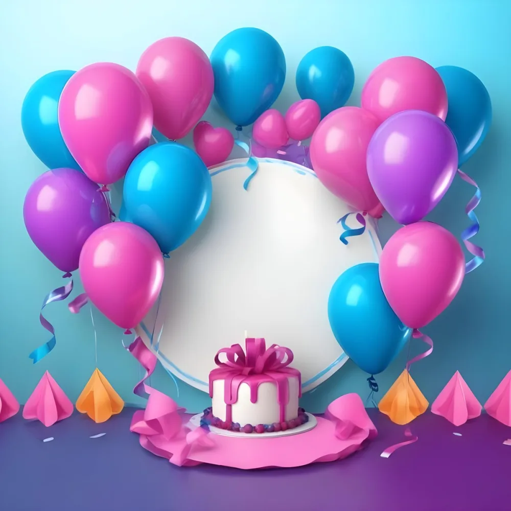 A Birthday Cake With Blue Ribbon And Balloons In A Blue Background 22 8a5c