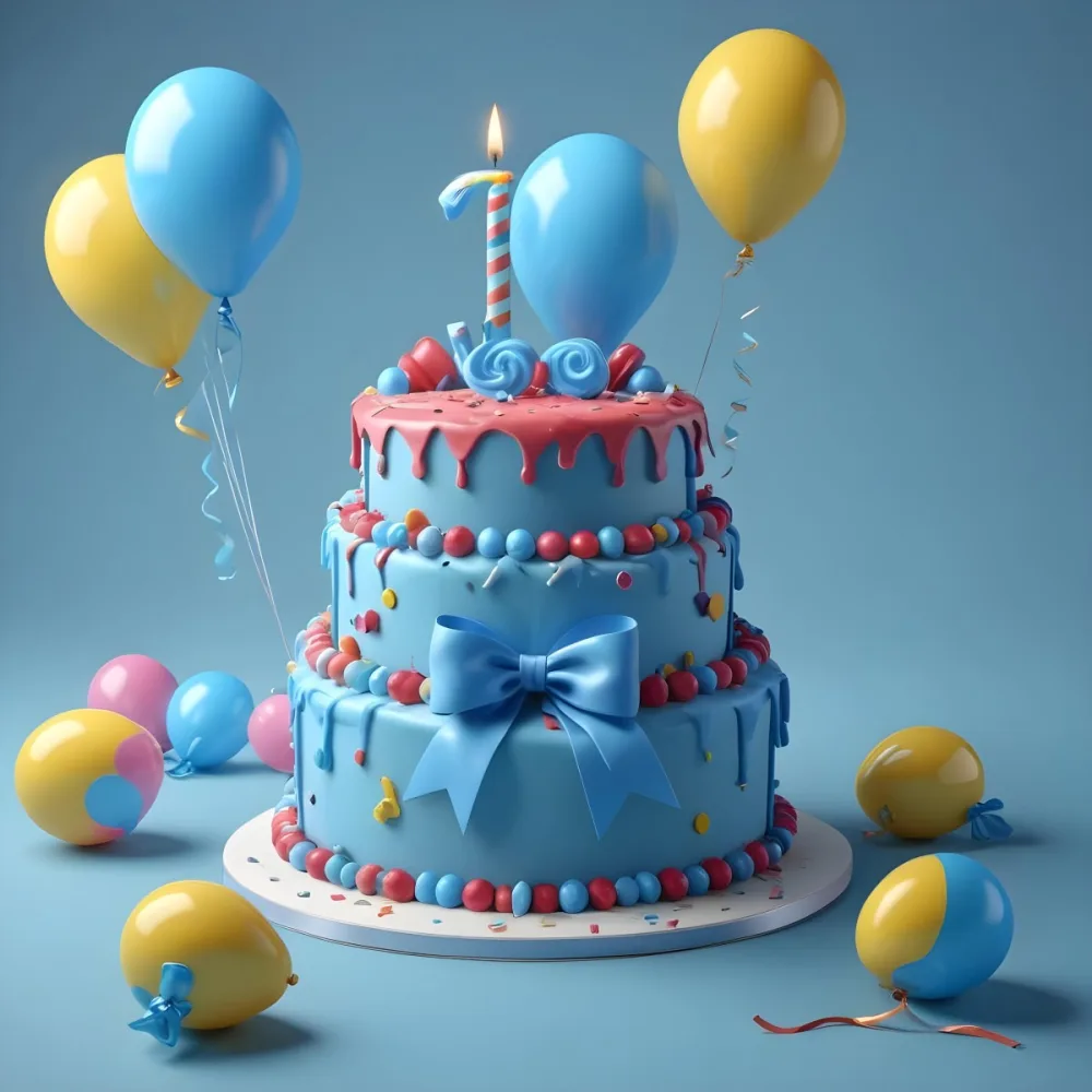 A Birthday Cake With Blue Ribbon And Balloons In A Blue Background 23 7a7e