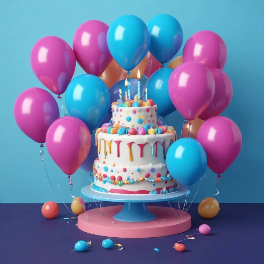 A Birthday Cake With Blue Ribbon And Balloons In A Blue Background 24 6b23