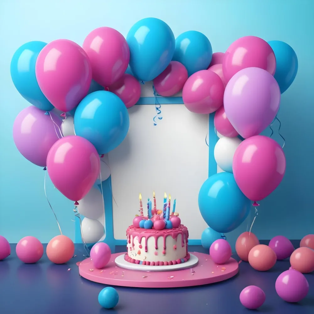 A Birthday Cake With Blue Ribbon And Balloons In A Blue Background 3 601a