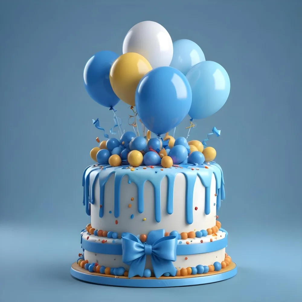 A Birthday Cake With Blue Ribbon And Balloons In A Blue Background 5 2793