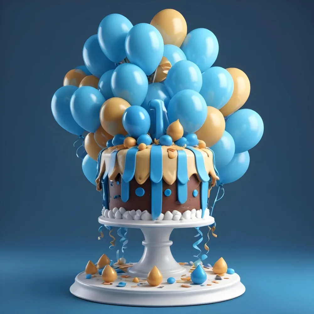 A Birthday Cake With Blue Ribbon And Balloons In A Blue Background 6 8d34