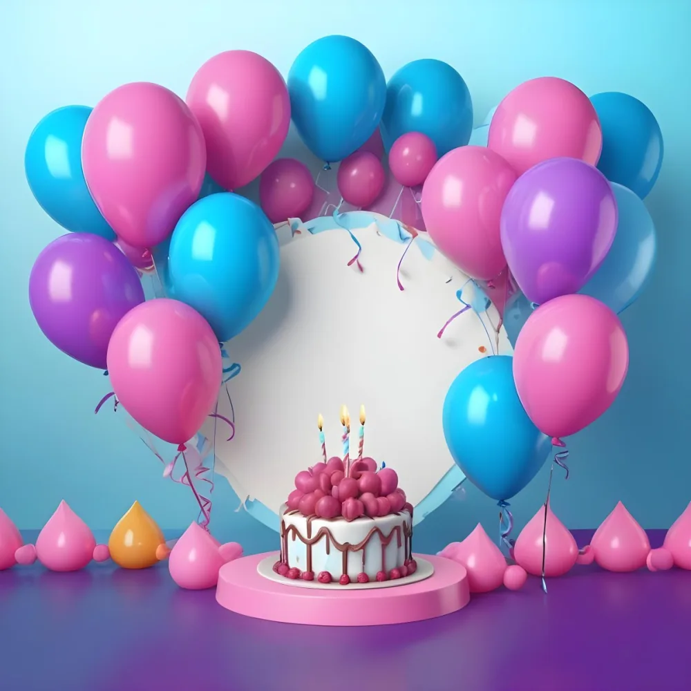 A Birthday Cake With Blue Ribbon And Balloons In A Blue Background 9 29f1