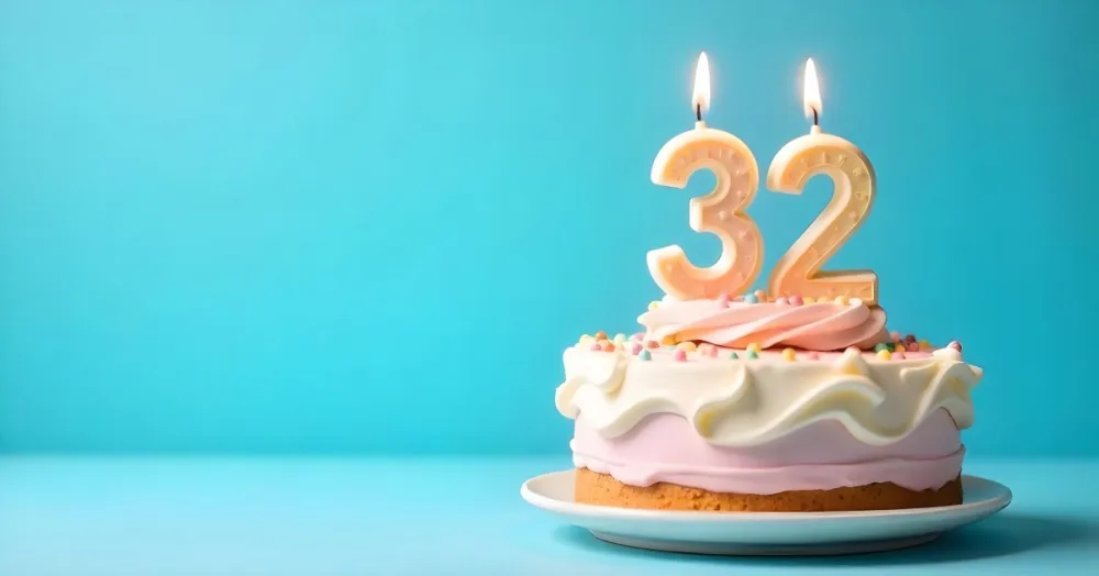 A Birthday Cake With Pastel Colors And A Number 32 Candle On Top In Front Of A Blue Background 13 036c