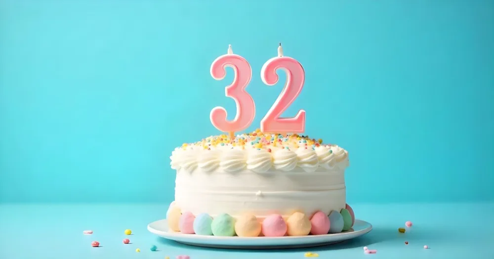 A Birthday Cake With Pastel Colors And A Number 32 Candle On Top In Front Of A Blue Background 5 0c99