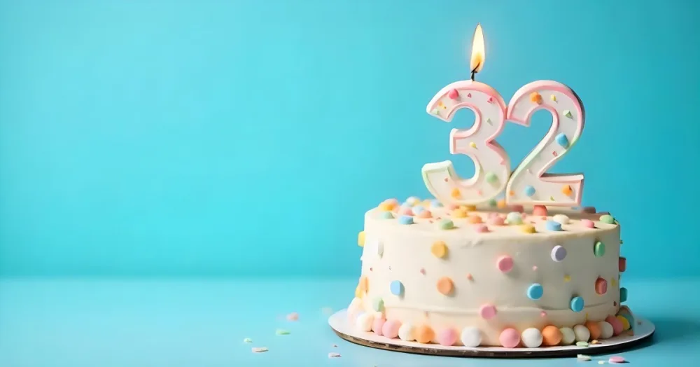 A Birthday Cake With Pastel Colors And A Number 32 Candle On Top In Front Of A Blue Background 9 3113