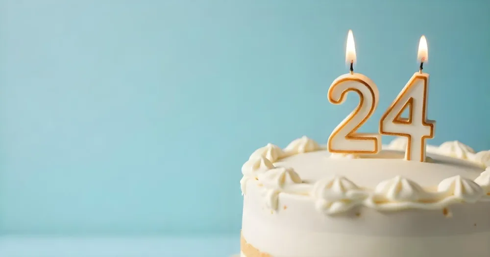 A Birthday Cake With White Frosting And A Candle In The Shape Of The Number 24 Light Blue Background 8 Cab9