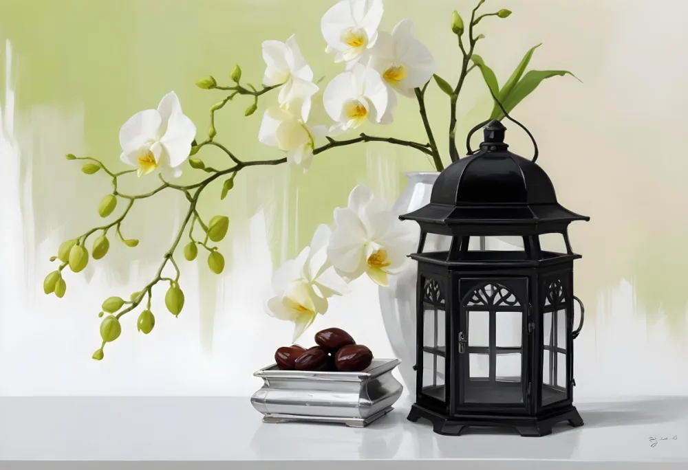 A Black Lantern And A Silver Box With Dates On A White Table White Orchids With Green Stems In The Background 5 2741