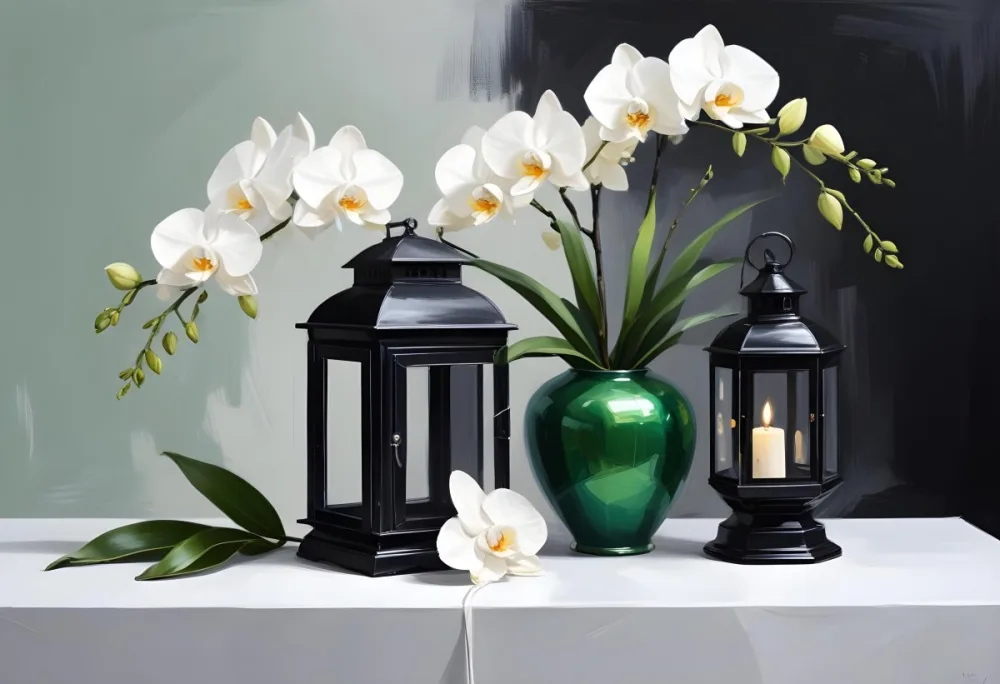 A Black Lantern And A Silver Box With Dates On A White Table White Orchids With Green Stems In The Background 6 4220