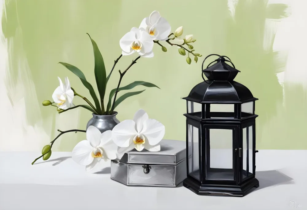A Black Lantern And A Silver Box With Dates On A White Table White Orchids With Green Stems In The Background 7 9ef7