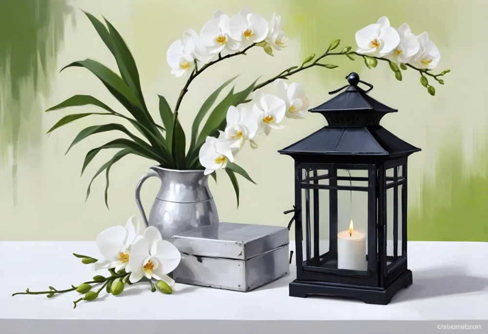 A Black Lantern And A Silver Box With Dates On A White Table White Orchids With Green Stems In The Background 8 74c0