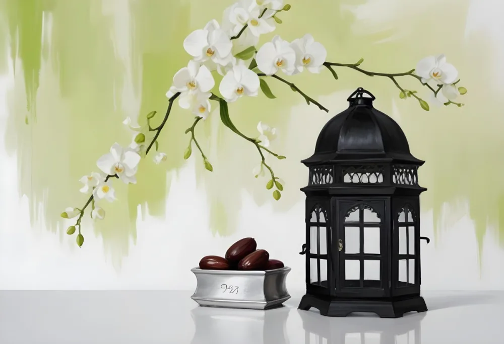 A Black Lantern And A Silver Box With Dates On A White Table White Orchids With Green Stems In The Background 9 1bf6