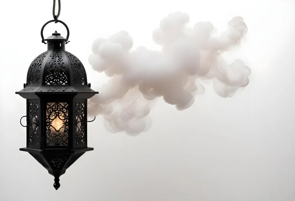 A Black Metal Lantern With Intricate Designs Surrounded By A Cloud Of Smoke Against A White Background With Subtle Geometric Patterns 10 5042