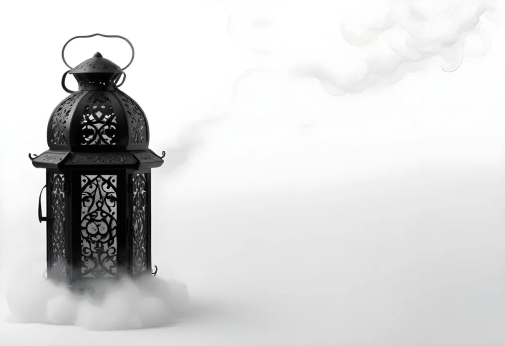A Black Metal Lantern With Intricate Designs Surrounded By A Cloud Of Smoke Against A White Background With Subtle Geometric Patterns 14 766d