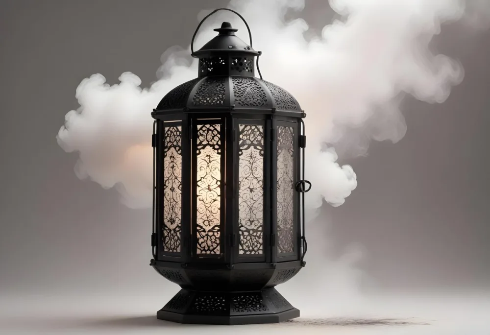A Black Metal Lantern With Intricate Designs Surrounded By A Cloud Of Smoke Against A White Background With Subtle Geometric Patterns 2 B806