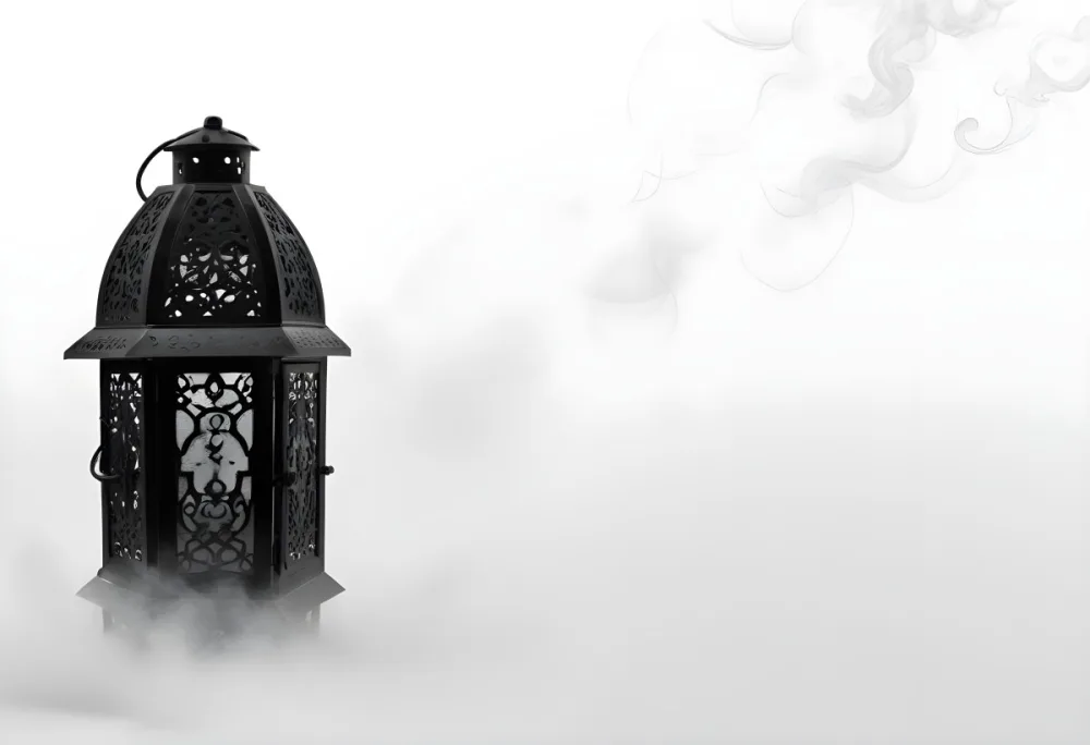 A Black Metal Lantern With Intricate Designs Surrounded By A Cloud Of Smoke Against A White Background With Subtle Geometric Patterns 26 F71f