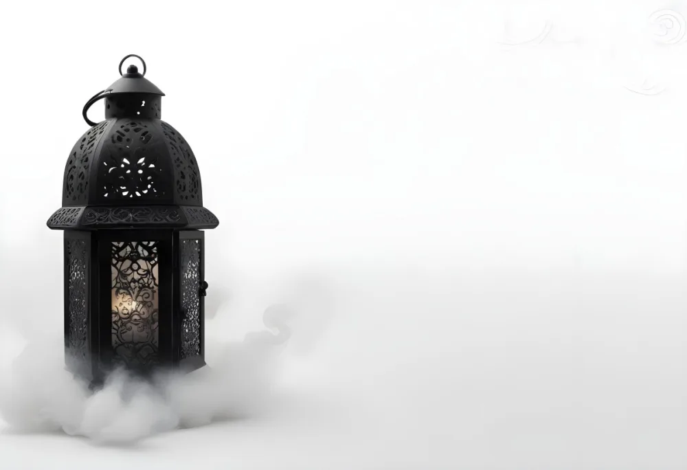 A Black Metal Lantern With Intricate Designs Surrounded By A Cloud Of Smoke Against A White Background With Subtle Geometric Patterns 28 Fe2e
