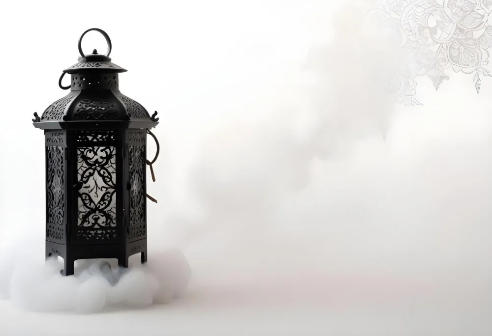 A Black Metal Lantern With Intricate Designs Surrounded By A Cloud Of Smoke Against A White Background With Subtle Geometric Patterns 29 B04e