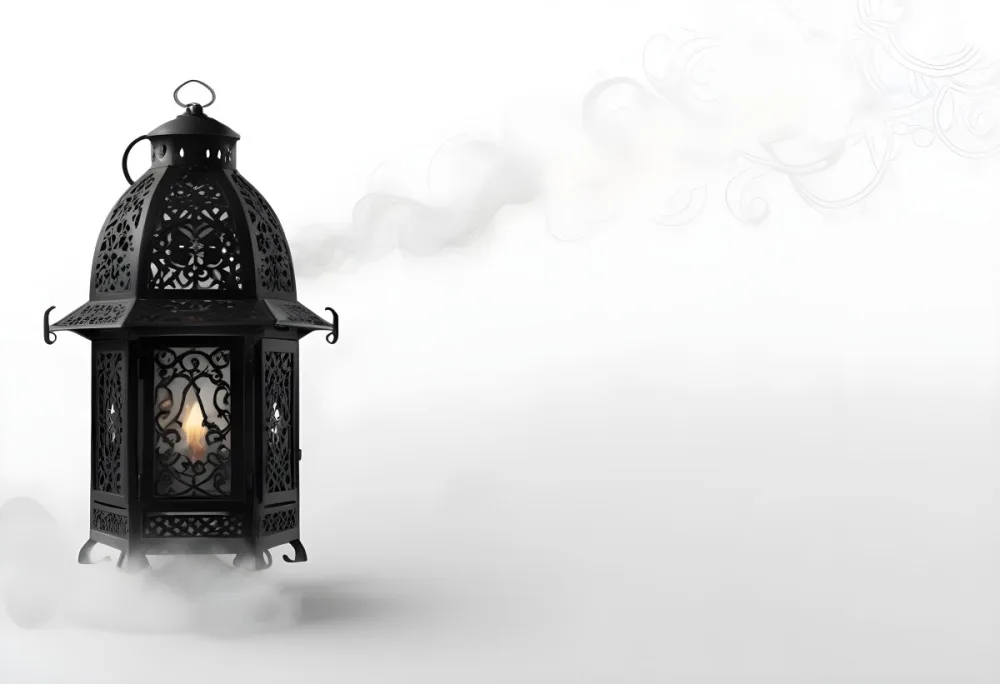 A Black Metal Lantern With Intricate Designs Surrounded By A Cloud Of Smoke Against A White Background With Subtle Geometric Patterns 31 48bf