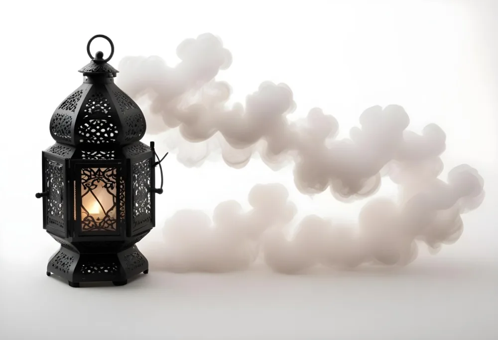 A Black Metal Lantern With Intricate Designs Surrounded By A Cloud Of Smoke Against A White Background With Subtle Geometric Patterns 32 B6fc