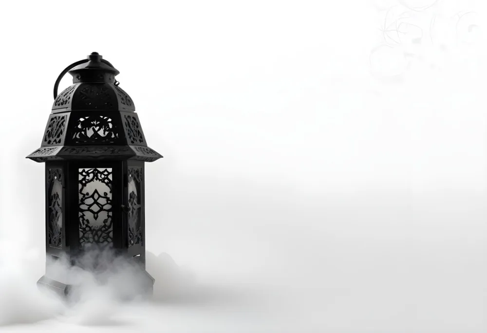 A Black Metal Lantern With Intricate Designs Surrounded By A Cloud Of Smoke Against A White Background With Subtle Geometric Patterns 37 E82d