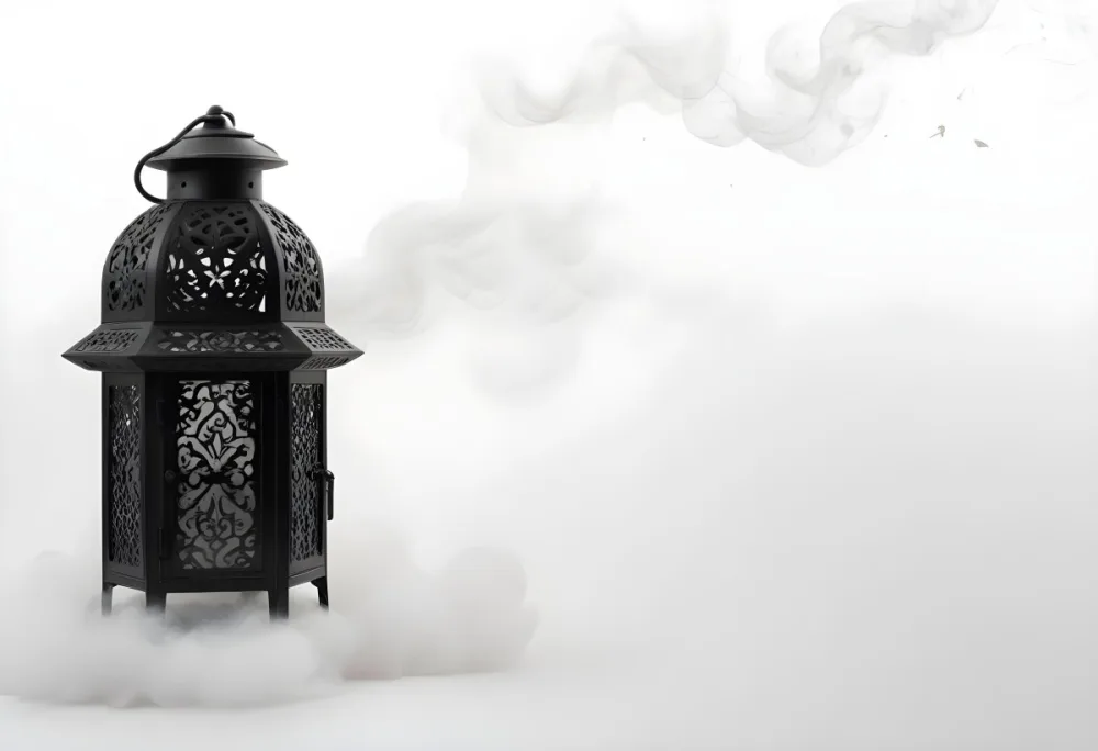 A Black Metal Lantern With Intricate Designs Surrounded By A Cloud Of Smoke Against A White Background With Subtle Geometric Patterns 4 C2f8
