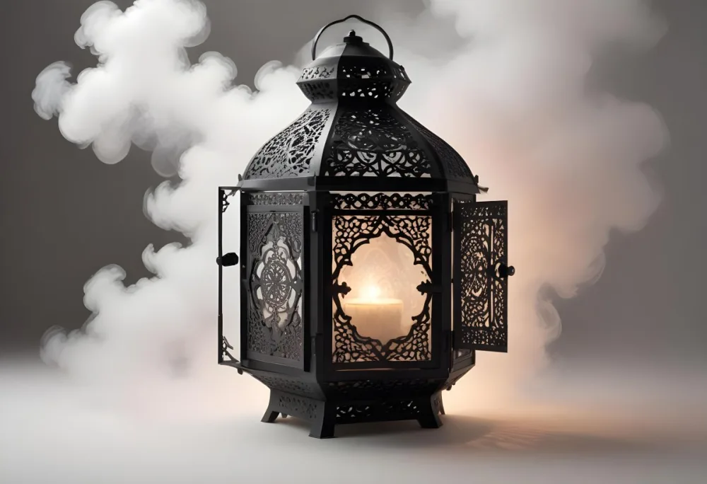 A Black Metal Lantern With Intricate Designs Surrounded By A Cloud Of Smoke Against A White Background With Subtle Geometric Patterns 40 3d8f