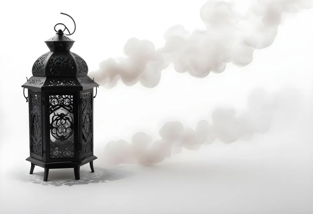 A Black Metal Lantern With Intricate Designs Surrounded By A Cloud Of Smoke Against A White Background With Subtle Geometric Patterns 41 15cf