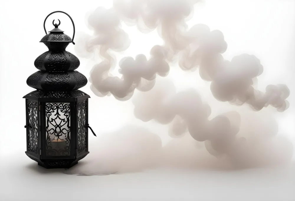 A Black Metal Lantern With Intricate Designs Surrounded By A Cloud Of Smoke Against A White Background With Subtle Geometric Patterns 5 660a