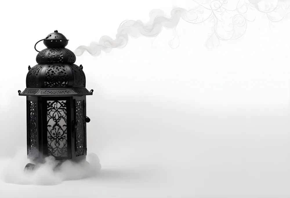 A Black Metal Lantern With Intricate Designs Surrounded By A Cloud Of Smoke Against A White Background With Subtle Geometric Patterns 6 9257