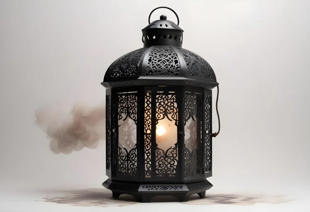 A Black Metal Lantern With Intricate Designs Surrounded By A Cloud Of Smoke Against A White Background With Subtle Geometric Patterns 7 3511