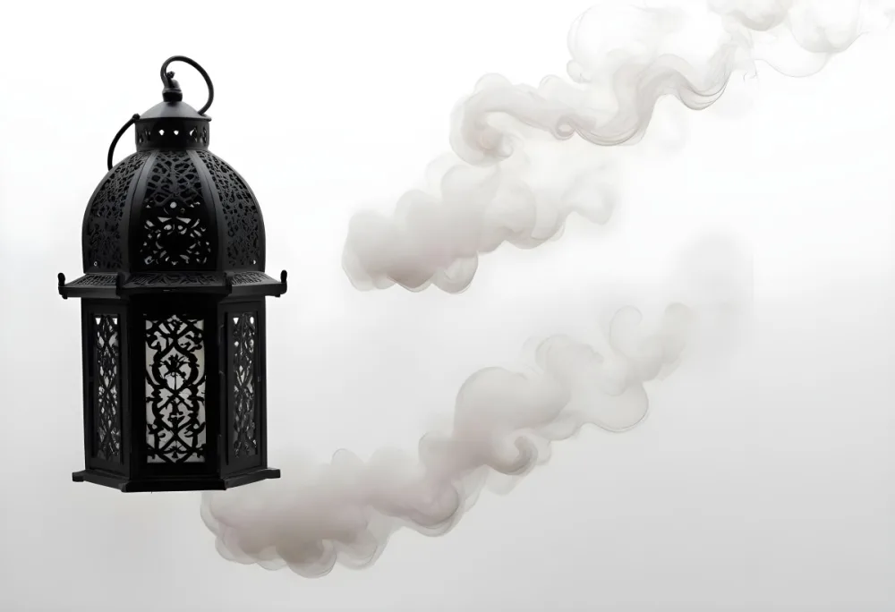 A Black Metal Lantern With Intricate Designs Surrounded By A Cloud Of Smoke Against A White Background With Subtle Geometric Patterns 8 Ad8b