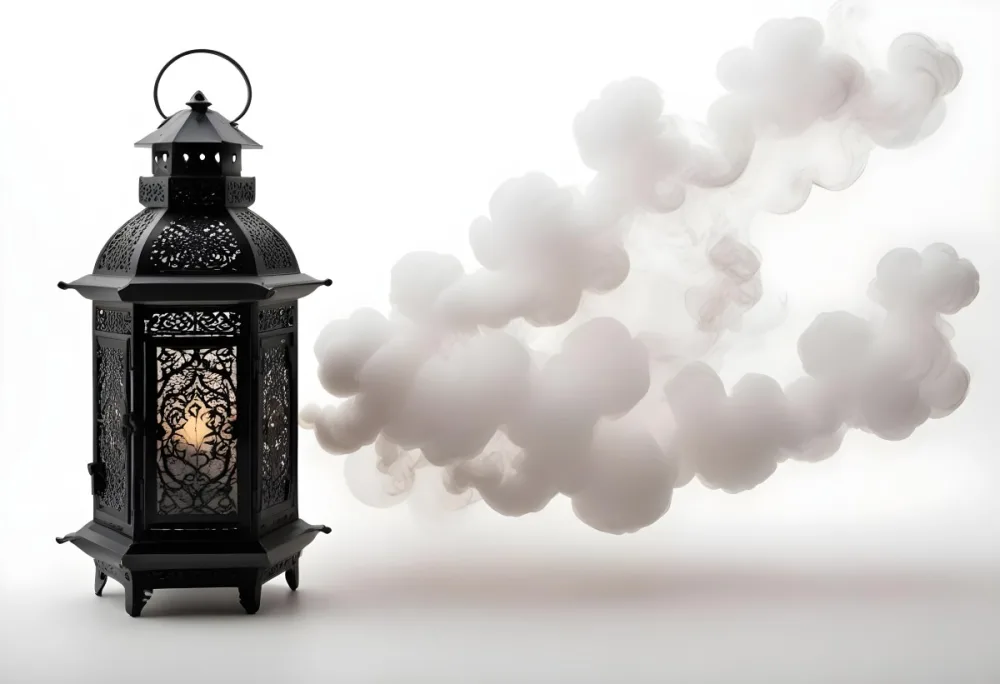 A Black Metal Lantern With Intricate Designs Surrounded By A Cloud Of Smoke Against A White Background With Subtle Geometric Patterns 9 4f02