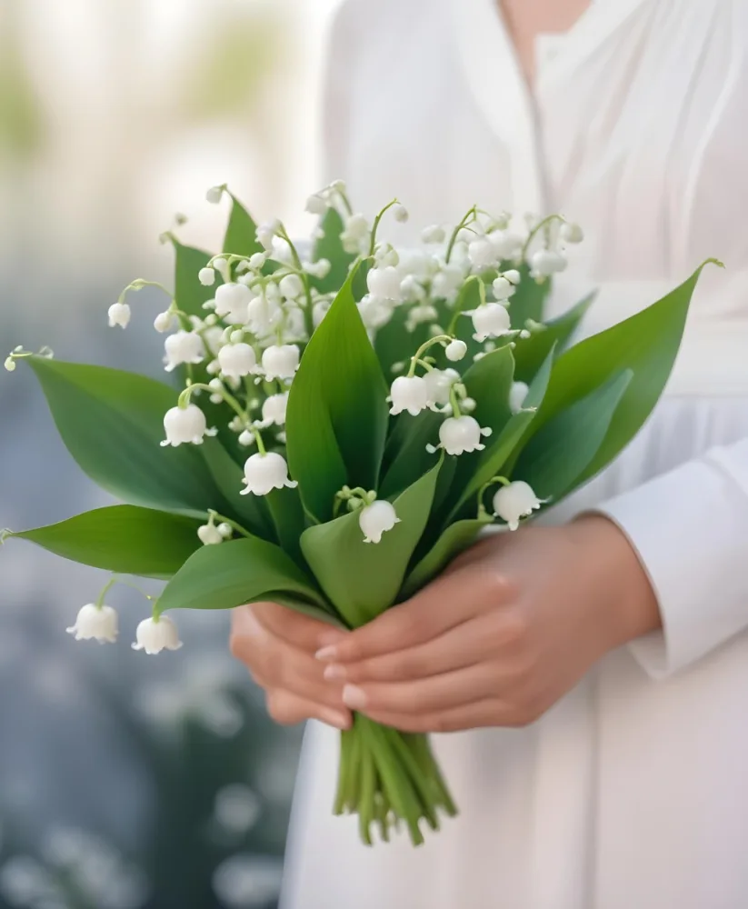 A Bouquet Of White Lily Of The Valley Flowers Held In A Person S Hands Against A Blurred Background 10 728b