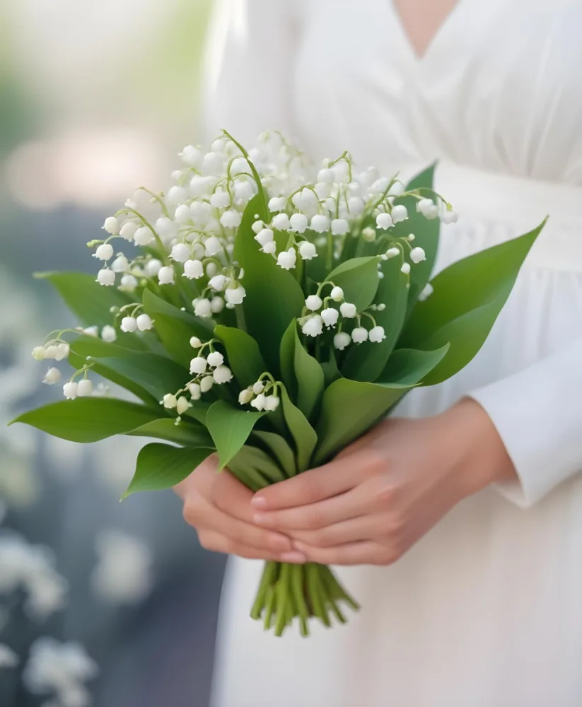 A Bouquet Of White Lily Of The Valley Flowers Held In A Person S Hands Against A Blurred Background 11 18d2