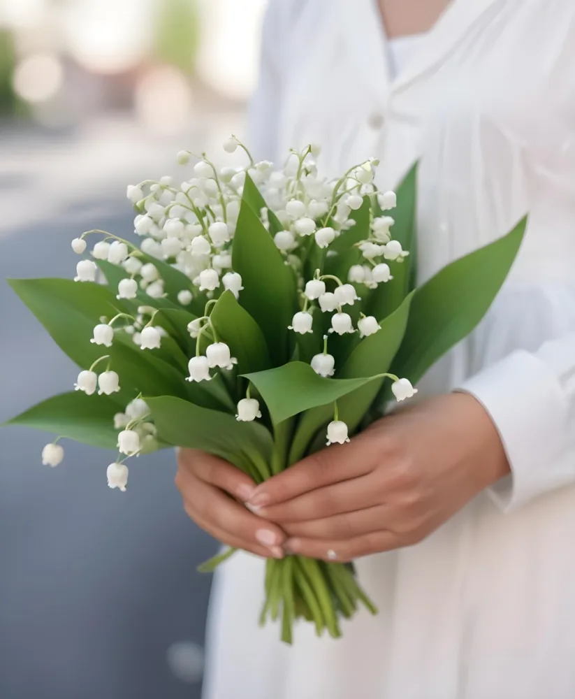 A Bouquet Of White Lily Of The Valley Flowers Held In A Person S Hands Against A Blurred Background 12 54dc