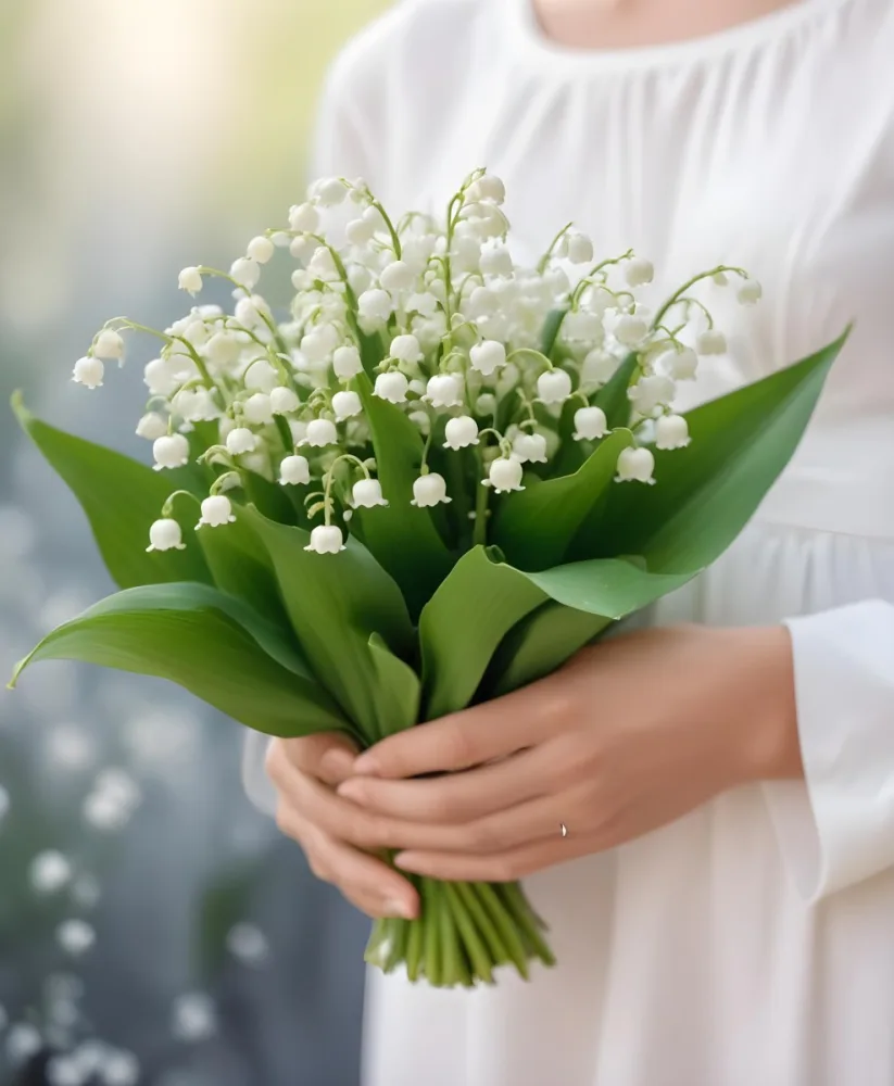 A Bouquet Of White Lily Of The Valley Flowers Held In A Person S Hands Against A Blurred Background 13 54e2