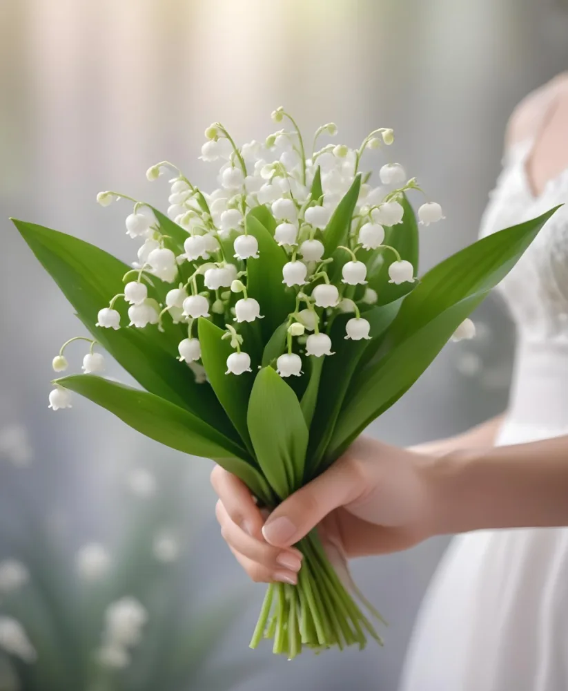 A Bouquet Of White Lily Of The Valley Flowers Held In A Person S Hands Against A Blurred Background 14 E96f