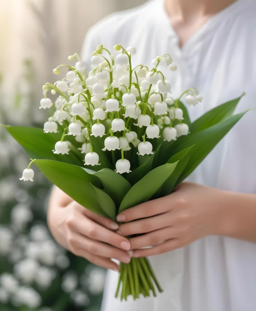 A Bouquet Of White Lily Of The Valley Flowers Held In A Person S Hands Against A Blurred Background 6 B04d