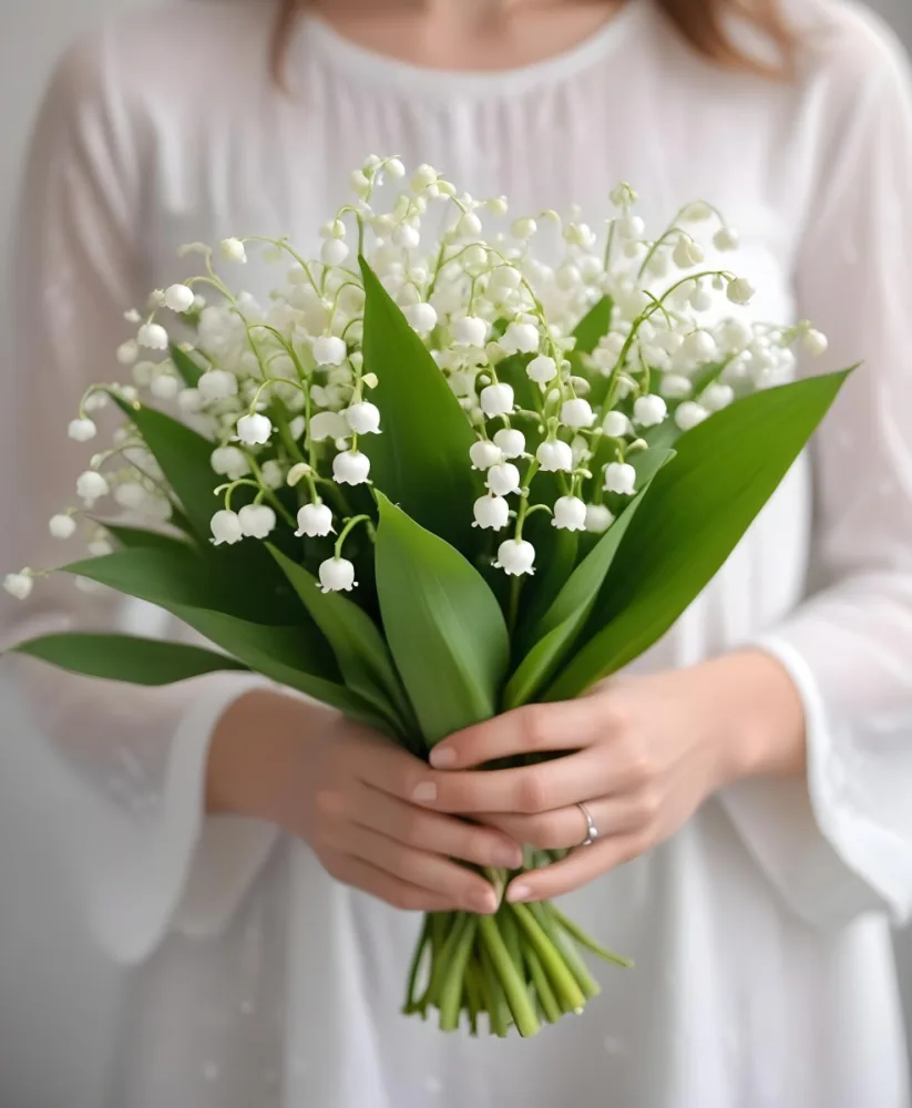 A Bouquet Of White Lily Of The Valley Flowers Held In A Person S Hands Against A Blurred Background 7 235c