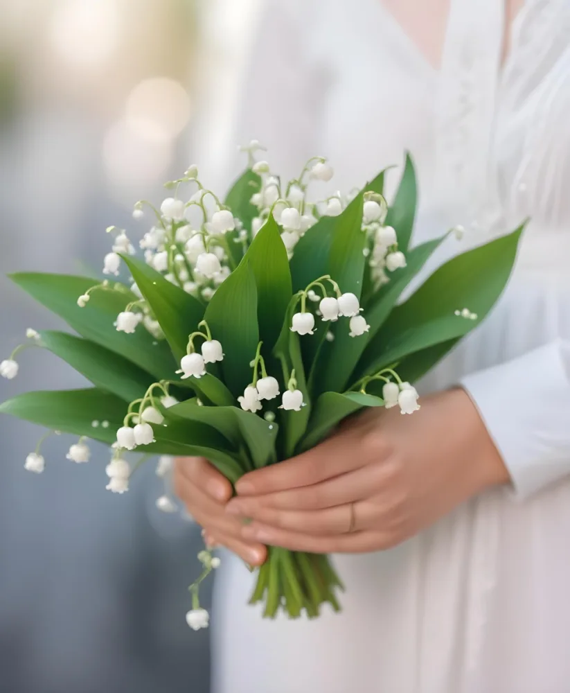 A Bouquet Of White Lily Of The Valley Flowers Held In A Person S Hands Against A Blurred Background 8 064b