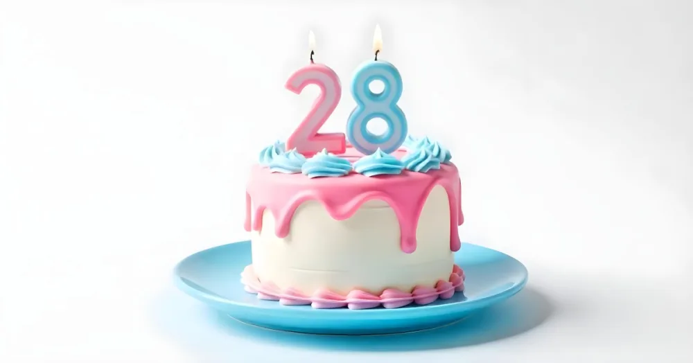 A Cake With Pink And Blue Frosting And A Candle With The Number 28 On A Blue Plate In A White Background 12 Aee2