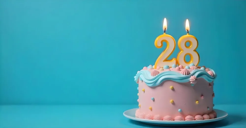 A Cake With Pink And Blue Frosting And A Candle With The Number 28 On A Blue Plate In A White Background 16 B631