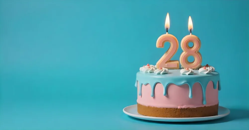 A Cake With Pink And Blue Frosting And A Candle With The Number 28 On A Blue Plate In A White Background 19 E47f
