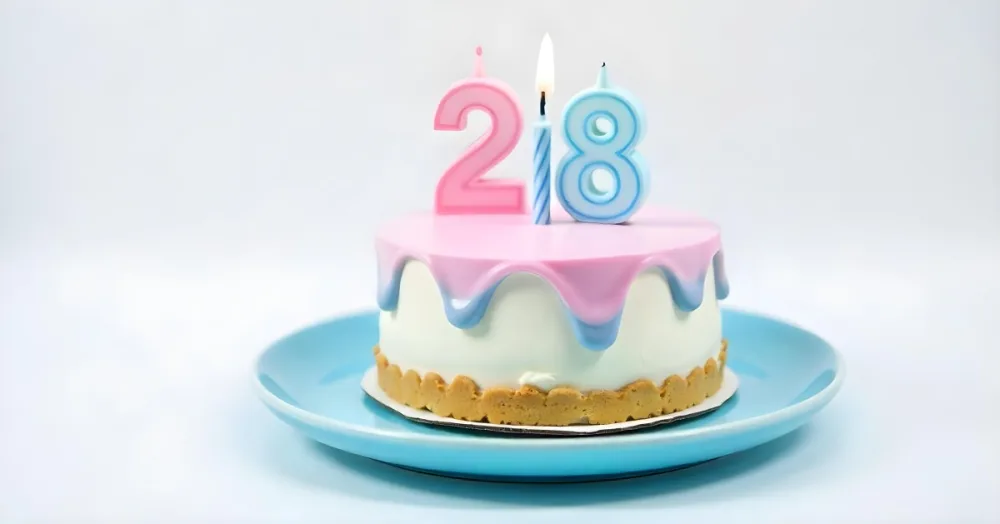 A Cake With Pink And Blue Frosting And A Candle With The Number 28 On A Blue Plate In A White Background 2 2b35